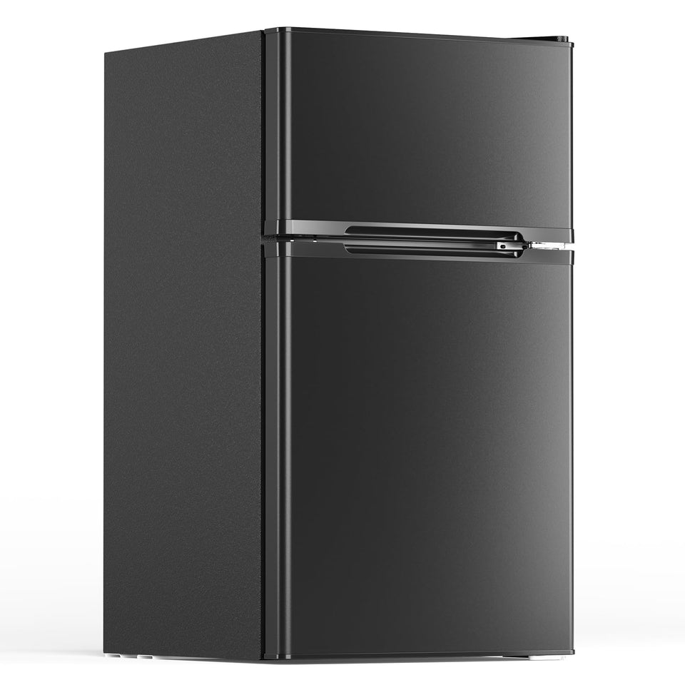 Electactic mini fridge with built-in freezer and two doors for dorm rooms.