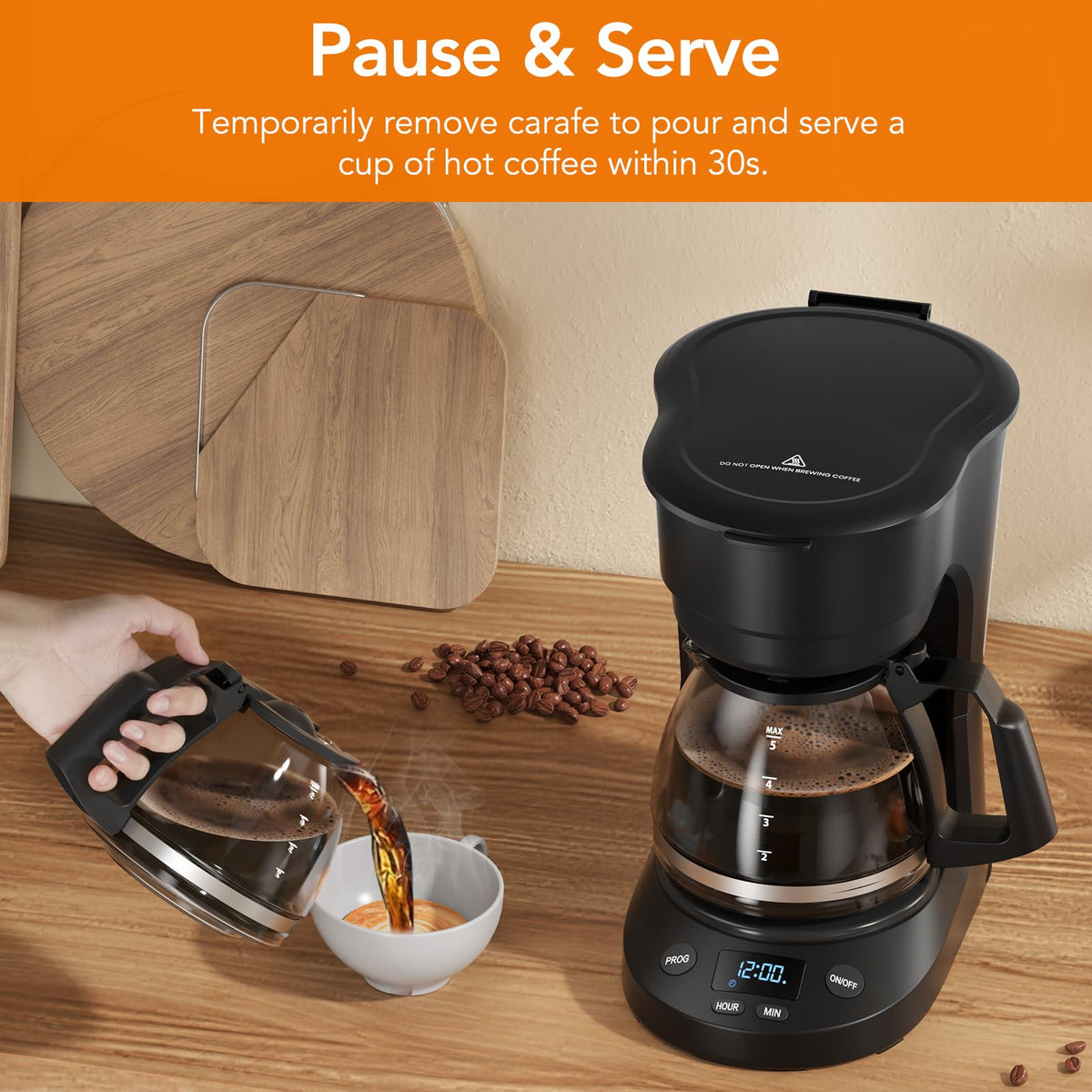 Electactic 5-Cup coffee maker removable filter basket for easy cleaning.