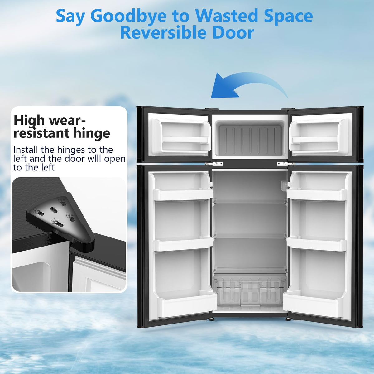 Electactic removable glass shelves and crisper area for flexible storage.