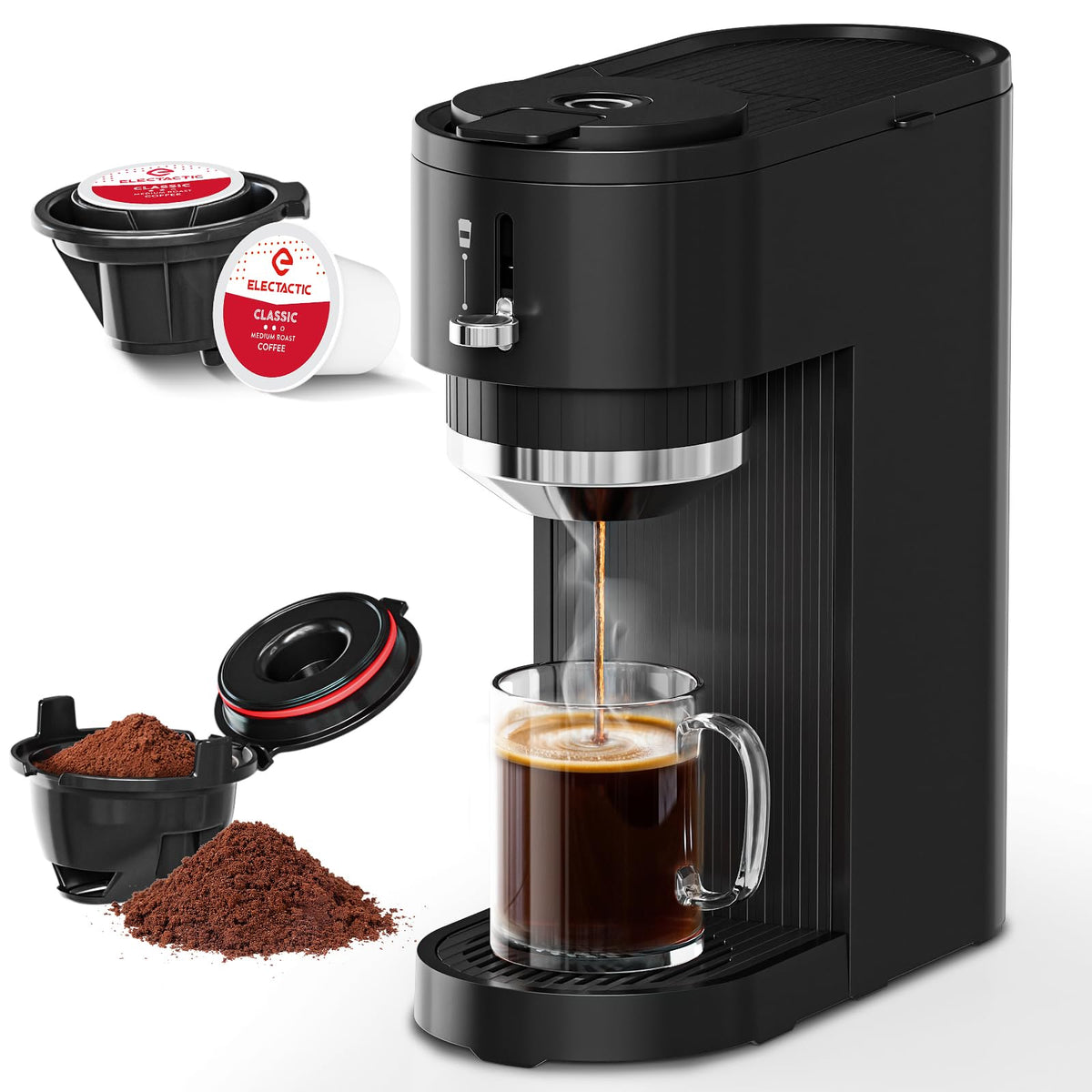 Electactic single-serve coffee maker front view, compact design for small spaces.