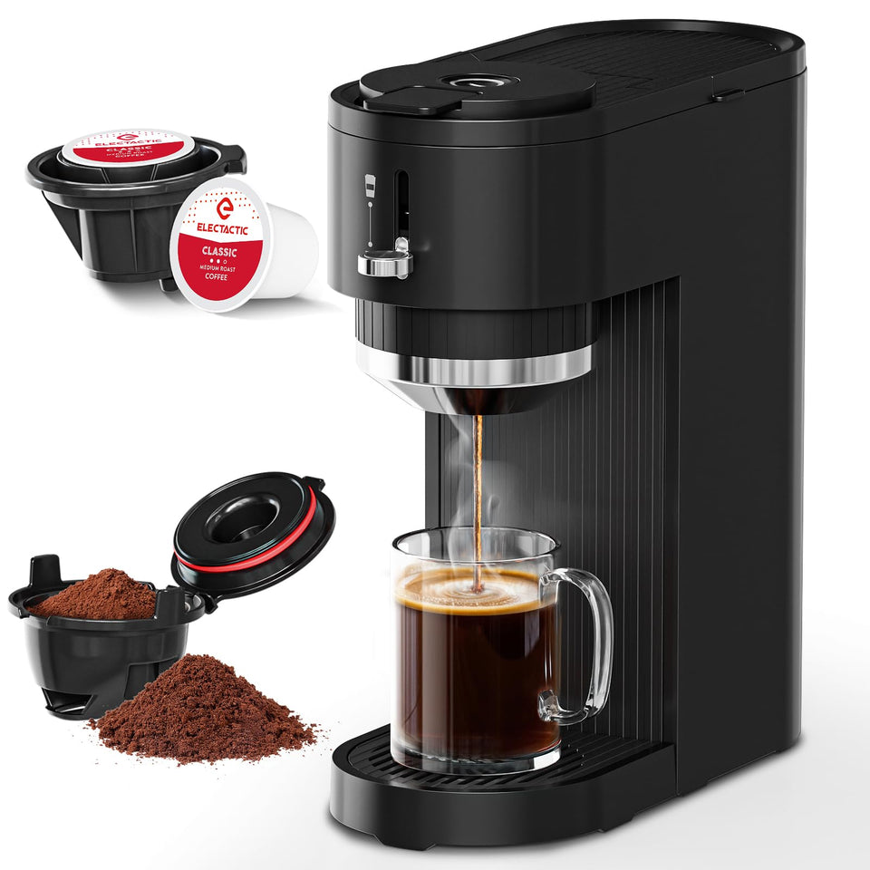 Electactic single-serve coffee maker front view, compact design for small spaces.