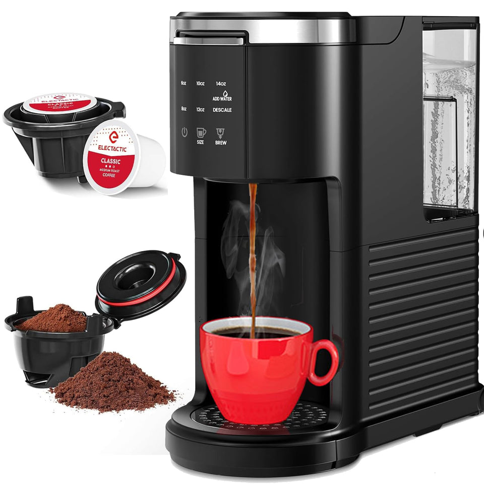 Electactic single-serve coffee maker front view, ideal for compact kitchen spaces.