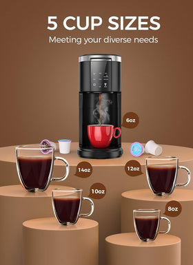 Electactic two-in-one brewing supports K-Cup and ground coffee for versatility.