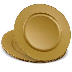 Elegant Disposables 13-inch gold charger plate in a formal table setting for an elegant event.