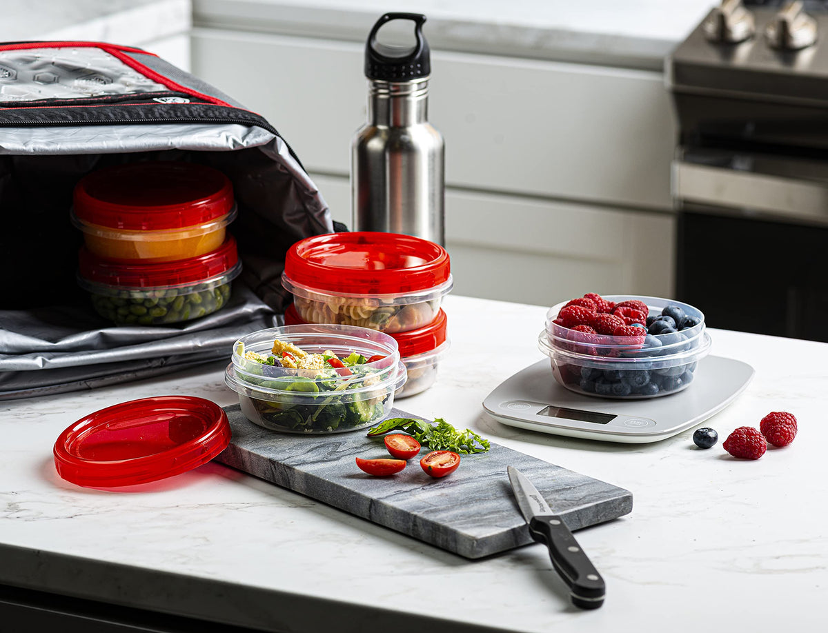 Elegant Disposables 8oz container with red lid, airtight seal for fresh storage.