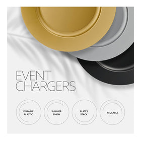 Elegant Disposables gold charger serving as a platter beside appetizers.