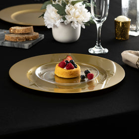 Elegant Disposables gold charger table setting with wedding decor.