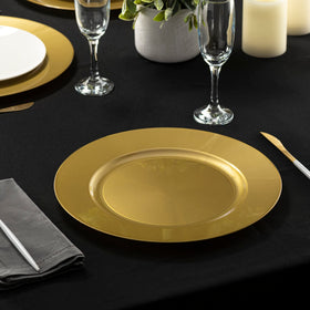 Pack of six Elegant Disposables gold chargers for quick party setup.