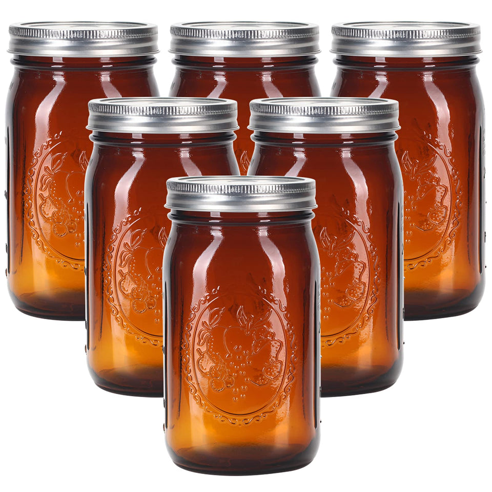 ElegantTime amber glass mason jar 32oz wide mouth for canning and storage.