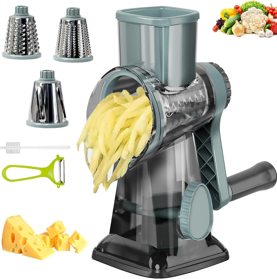 Eleko Meyar cheese grater with blue handle demonstrates ergonomic design for safe, hands-free operation.