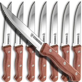 Elemake steak knife with rosewood handle offers a comfortable grip and precise slicing.