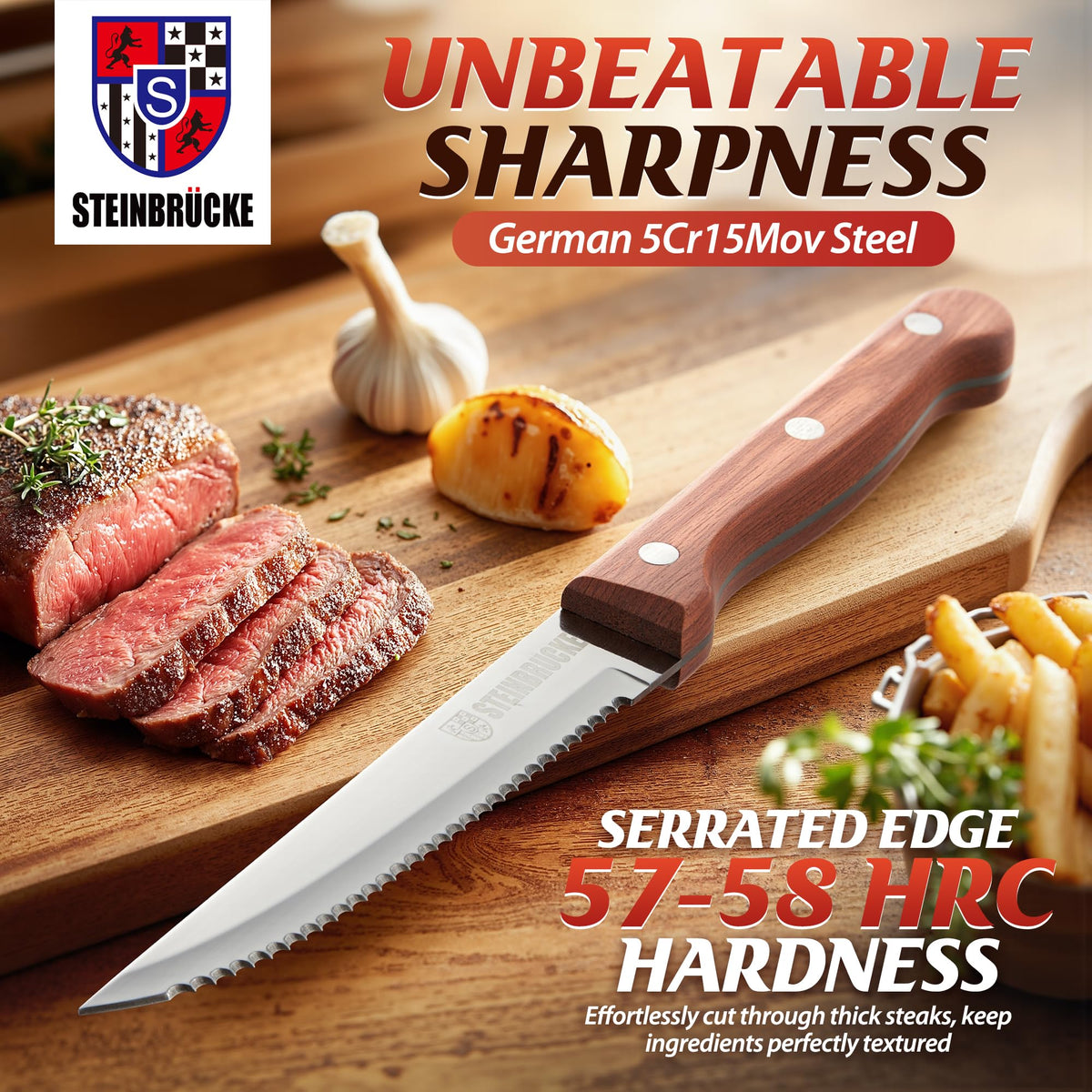Elemake stainless steel blade close-up shows sharp serration for clean cuts.