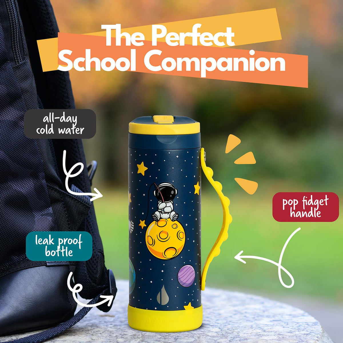 Elemental Iconic kids bottle featuring pop-it handle for busy hands during class