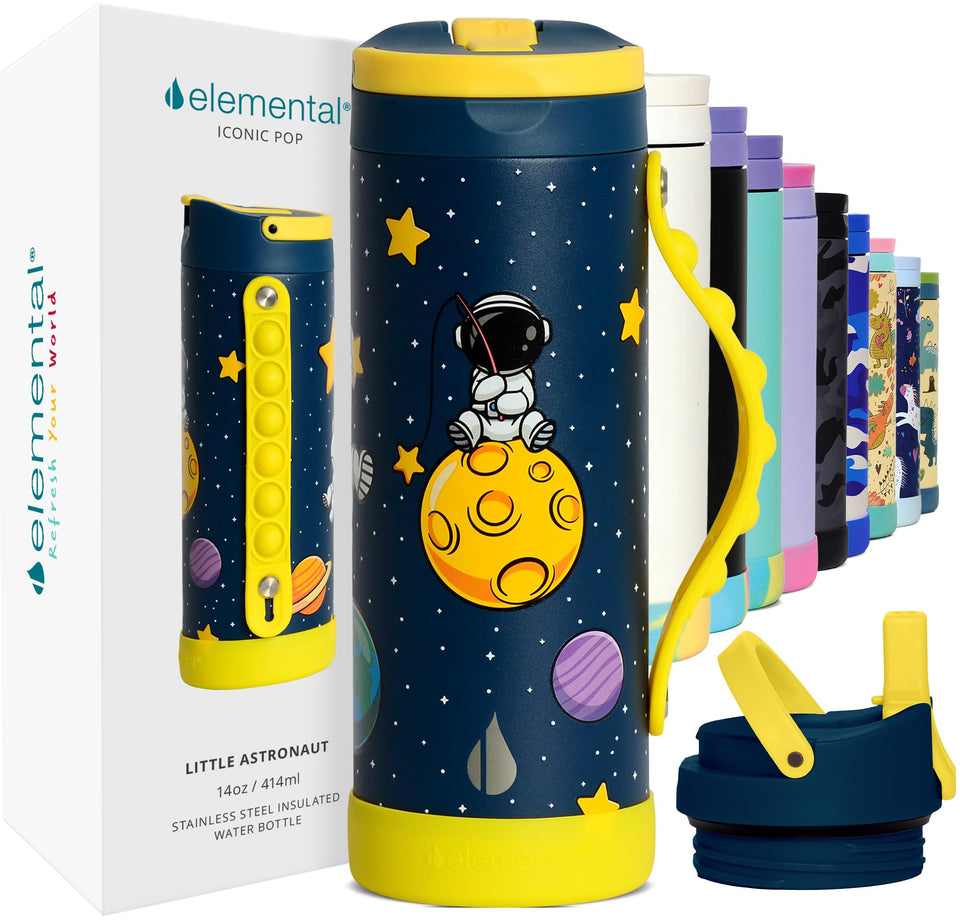 Elemental Iconic kids water bottle with straw lid, easy hydration in backpacks and lunchboxes
