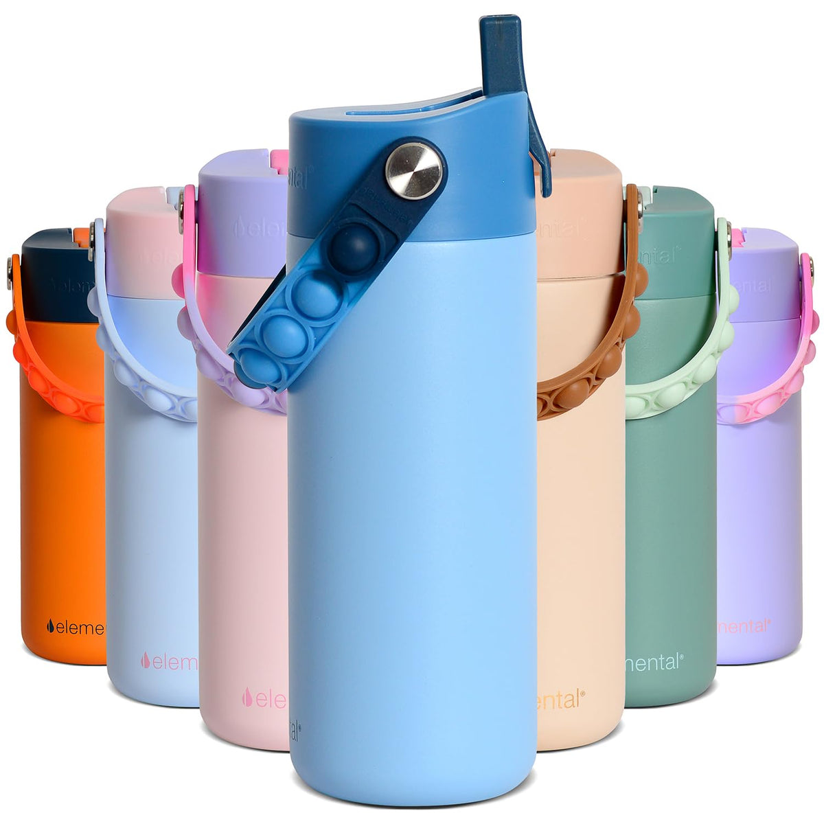 Elemental Ocean Tie Dye bottle front view, keeps drinks cold and ready for school.