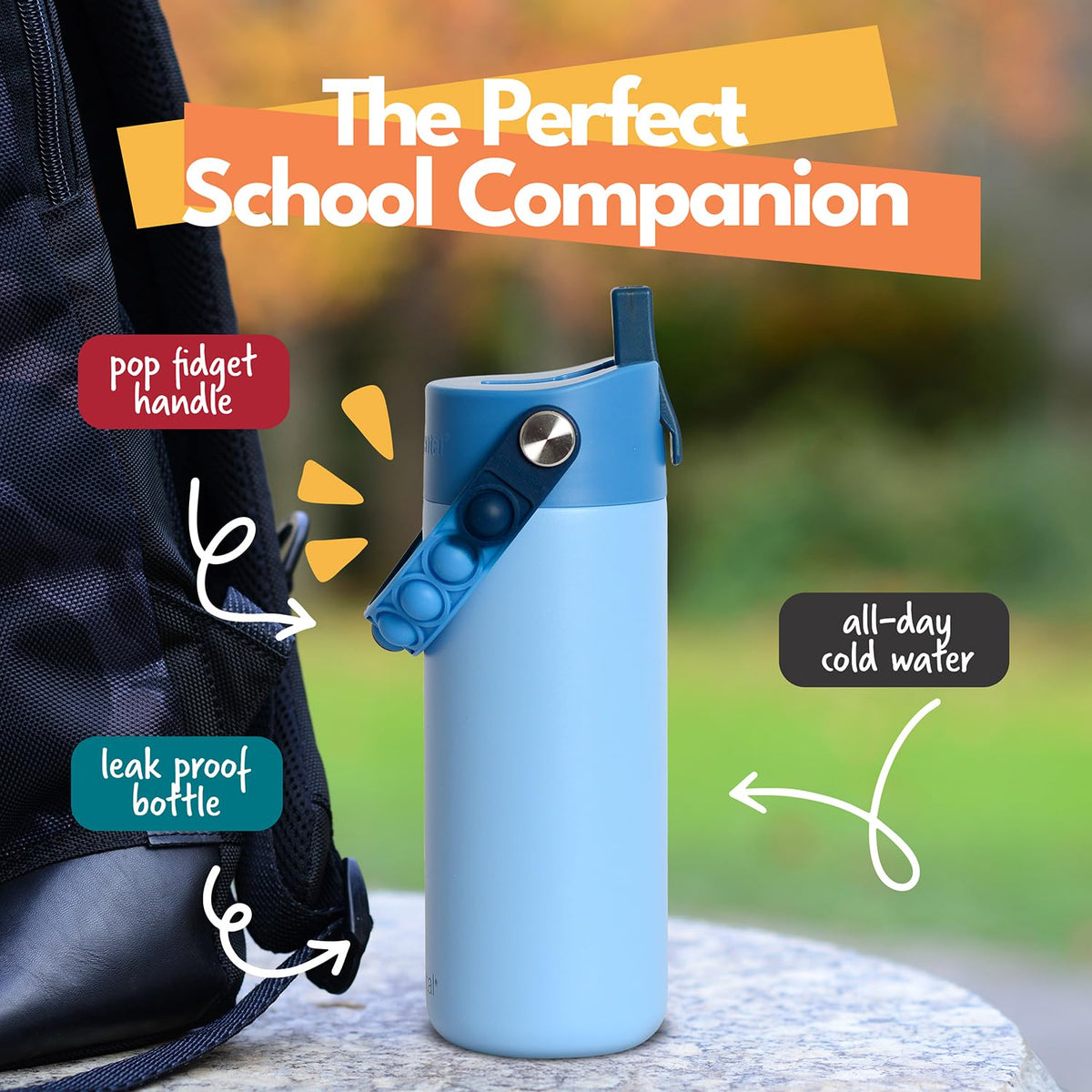 Elemental Ocean Tie Dye bottle with Pop-It handle, kid-friendly carrying and play.