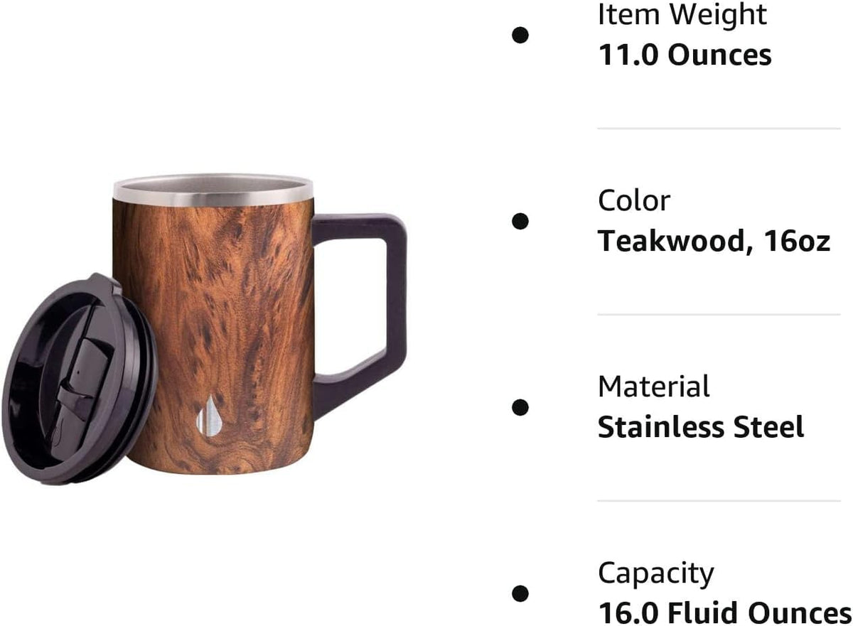 Elemental Summit Teakwood mug with hot coffee shows extended warmth.