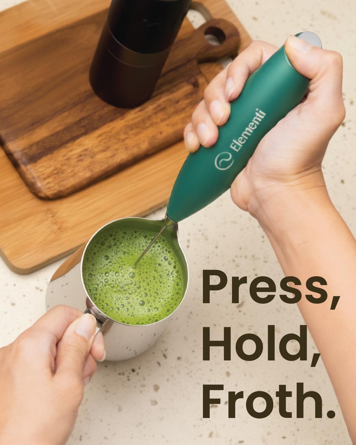 Elementi Matcha Latte Foam achieves creamy texture ideal for home beverages.