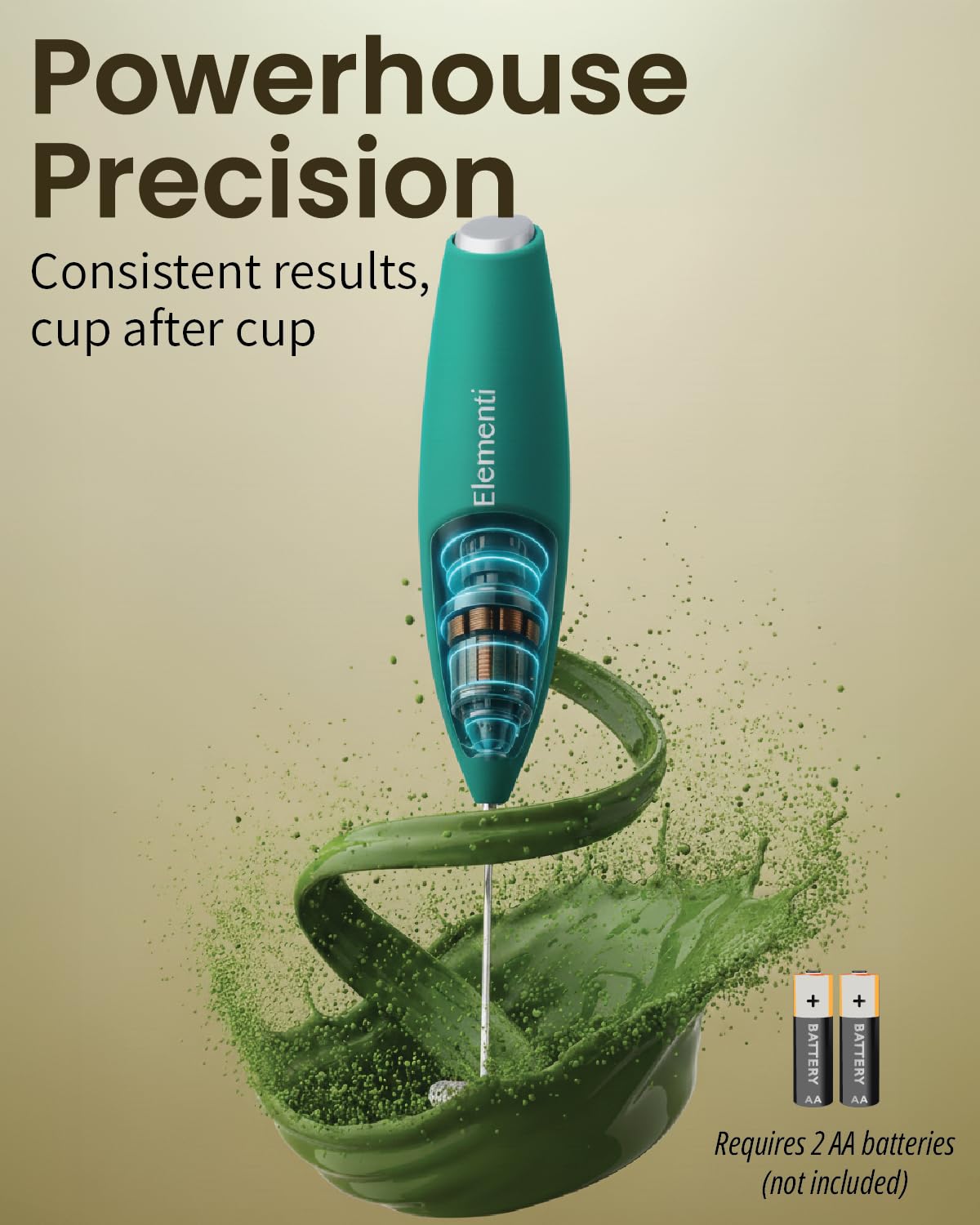 Elementi Matcha Whisk in action delivering quick, velvety froth for cafe-quality drinks.