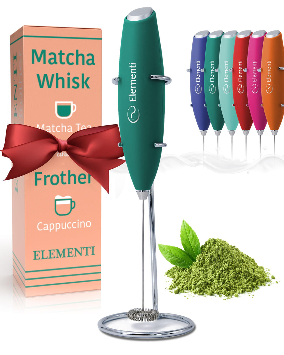 Elementi Matcha Whisk on a display stand showing organized storage and elegant design.