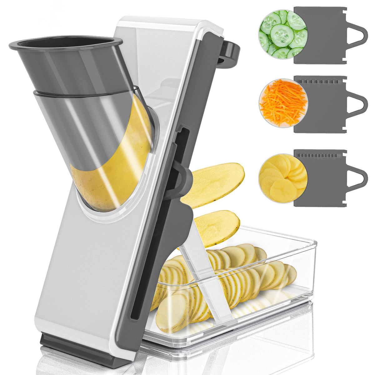 Eletronova Safe Mandoline Slicer assembly demonstrates safe setup for quick, uniform slicing.