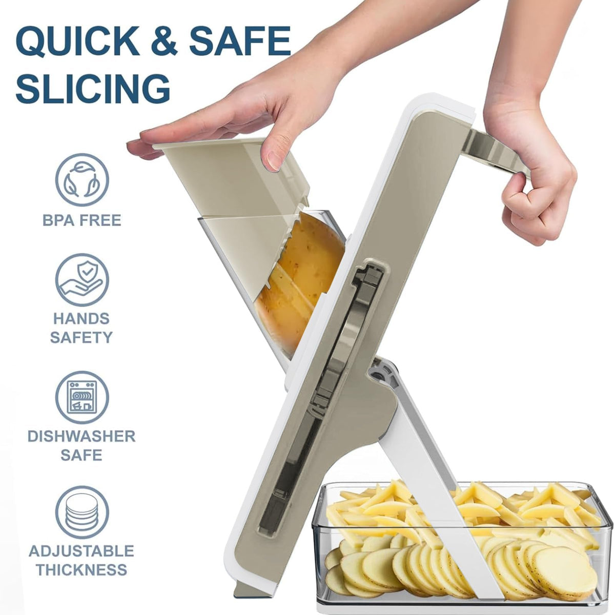 Eletronova Safe Mandoline Slicer thickness control highlights adjustable slices from 0.1 to 8 mm.