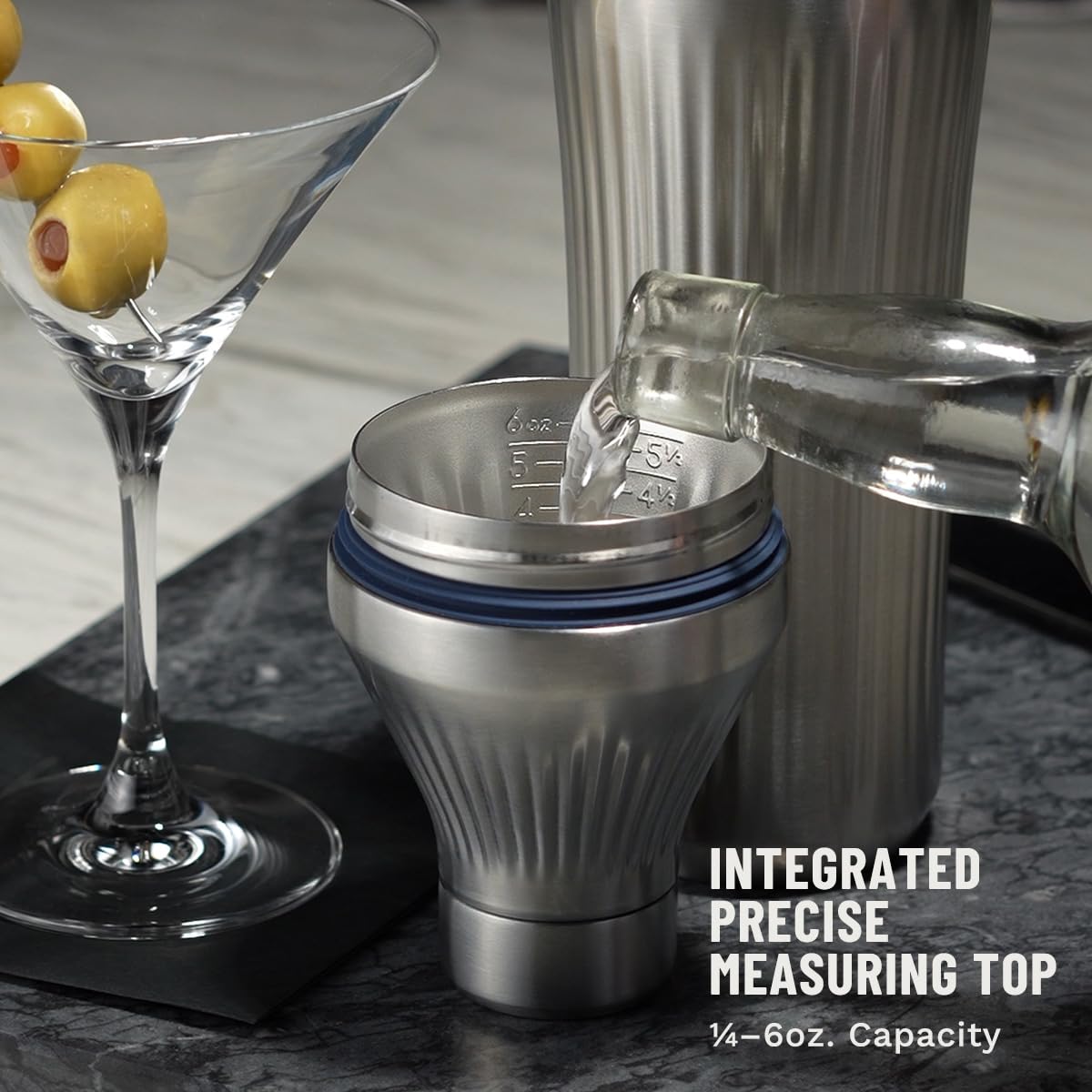 Elevated Craft built-in strainer delivers smooth, clean pours.