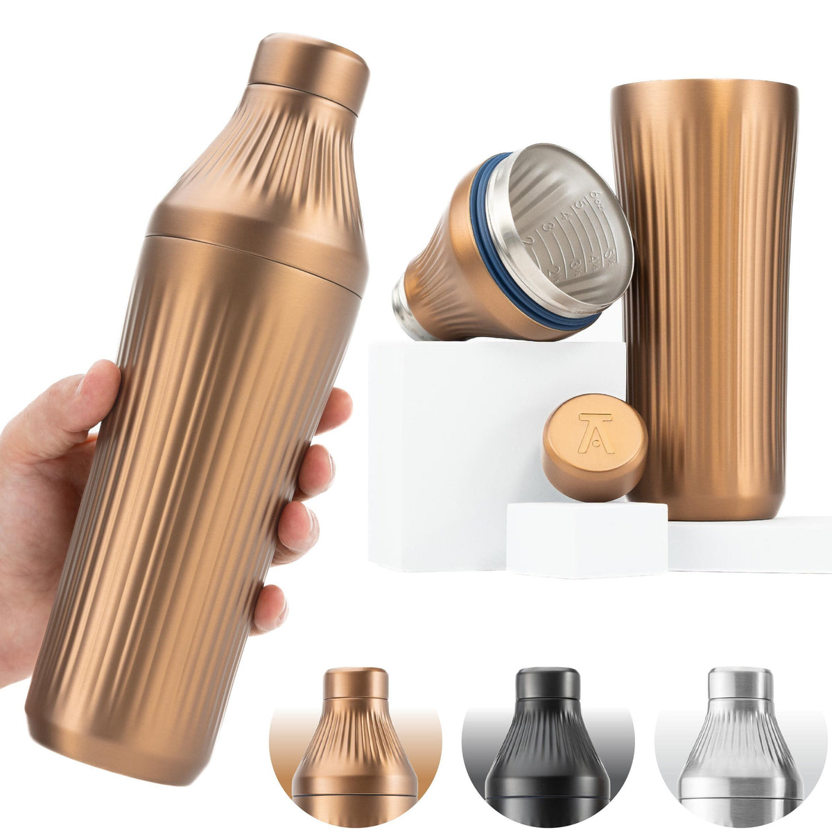 Elevated Craft Diamond Edition shaker with brushed copper finish and fluted grip for secure shaking