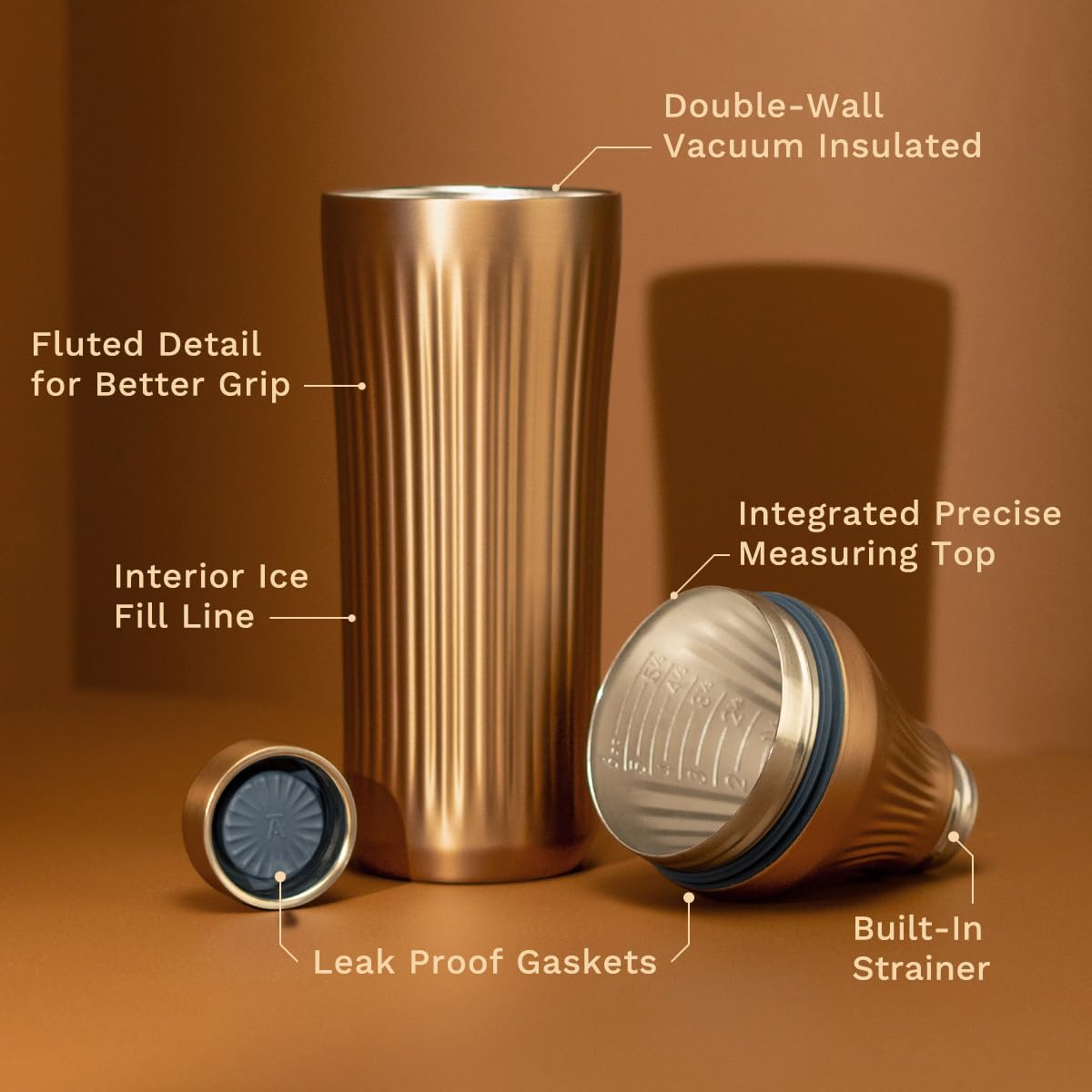 Elevated Craft Diamond Edition shaker shows built in jigger top for precise measurements
