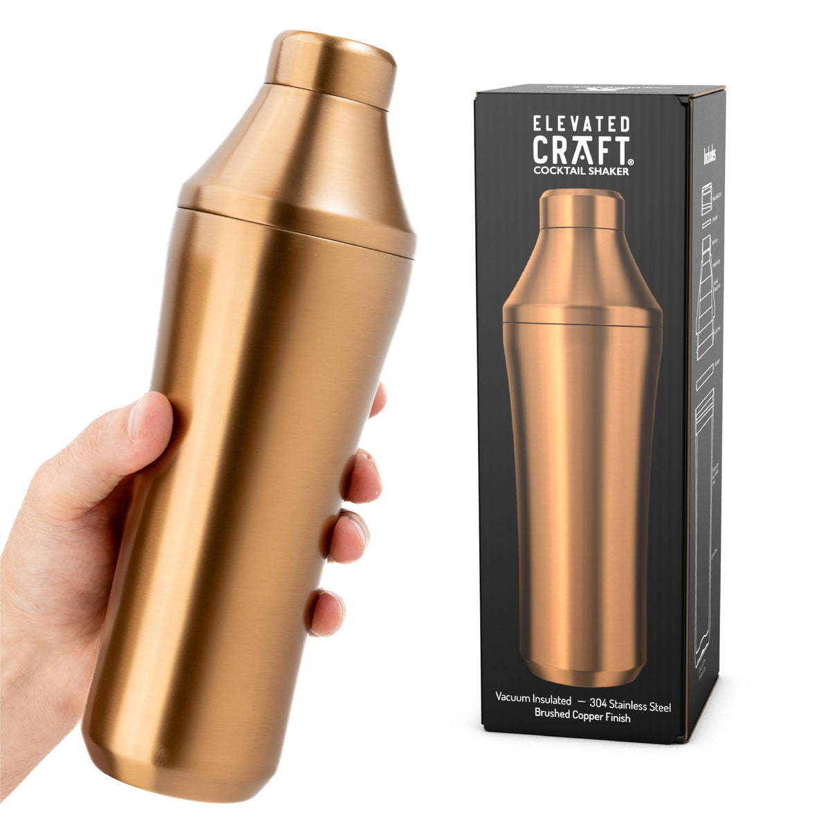 Elevated Craft Hybrid Cocktail Shaker 28oz with twist-lock lid for leak-free pouring.
