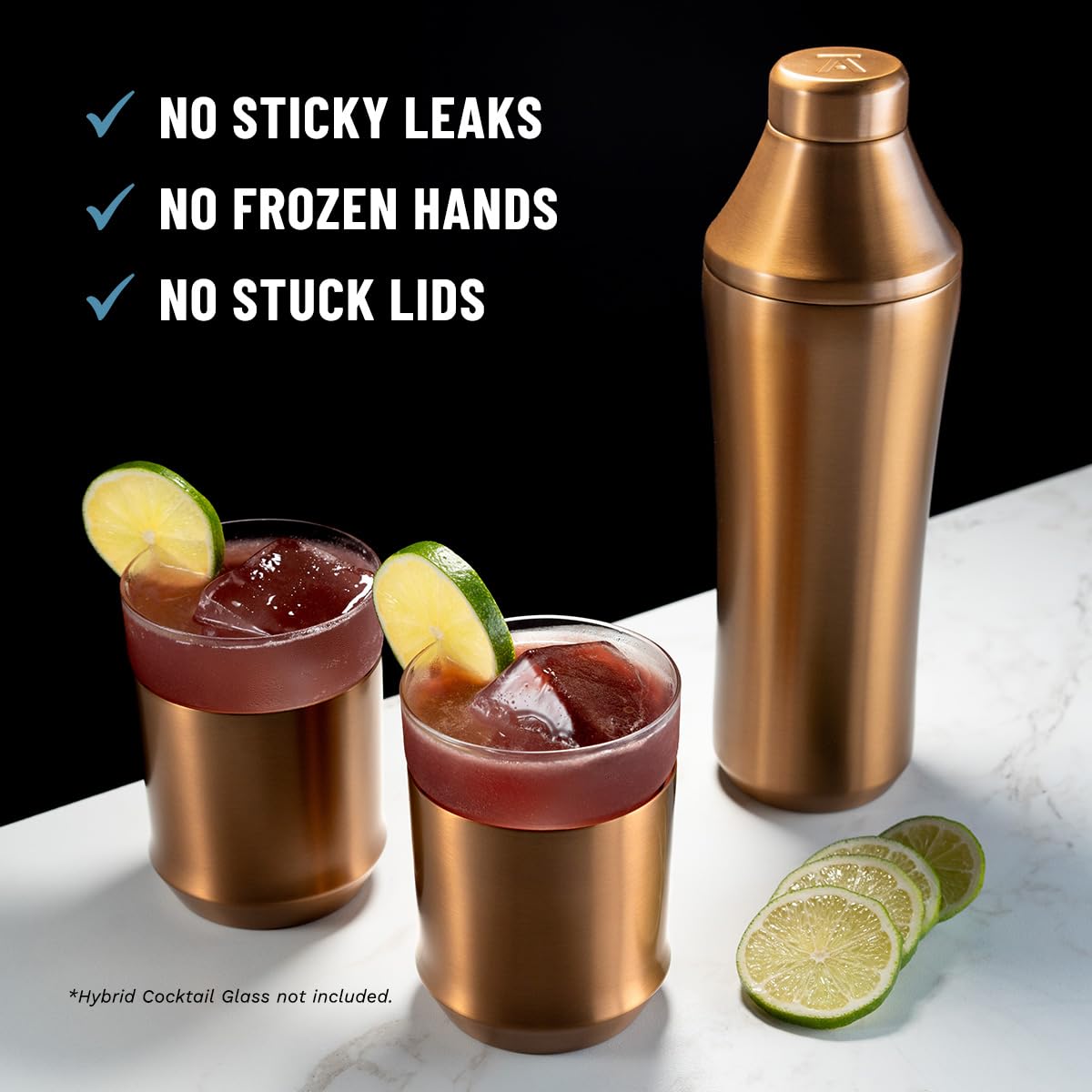 Elevated Craft shaker built-in strainer delivers smooth pours while catching ice solids.