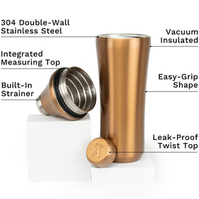 Elevated Craft shaker with jigger top provides precise measurements from 1/4 to 6 oz.
