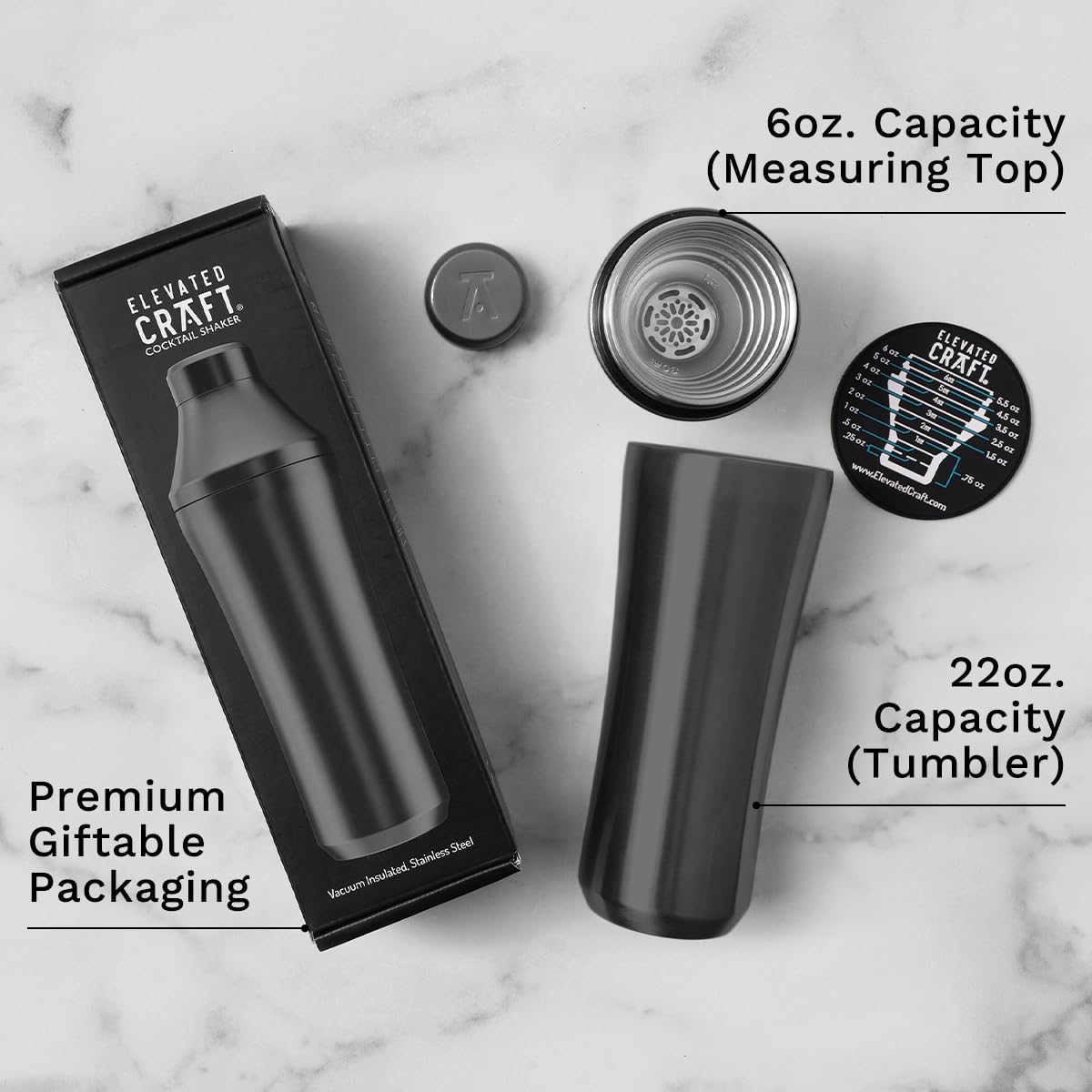 Elevated Craft Hybrid Shaker ergonomic-body emphasizes comfortable grip for easy shaking.