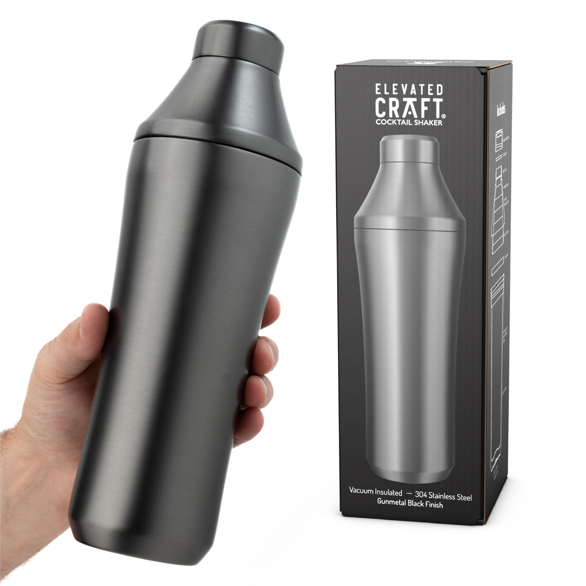 Elevated Craft Hybrid Shaker gunmetal exterior with vacuum insulation keeps cocktails cold.