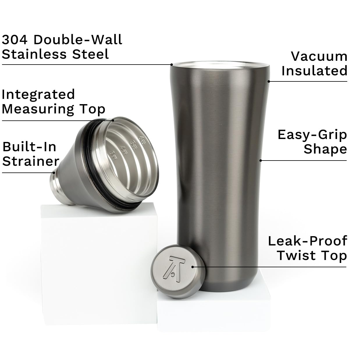Elevated Craft Hybrid Shaker measuring-system close-up for precise ¼ to 6 oz pours.
