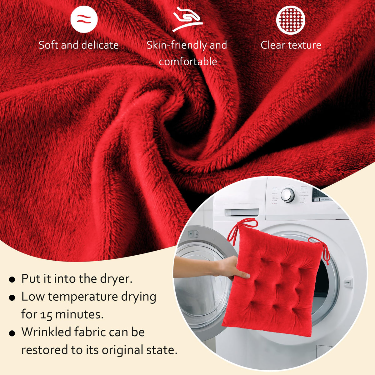 ELFJOY premium tufted velvet seat pad in red adds luxury texture.