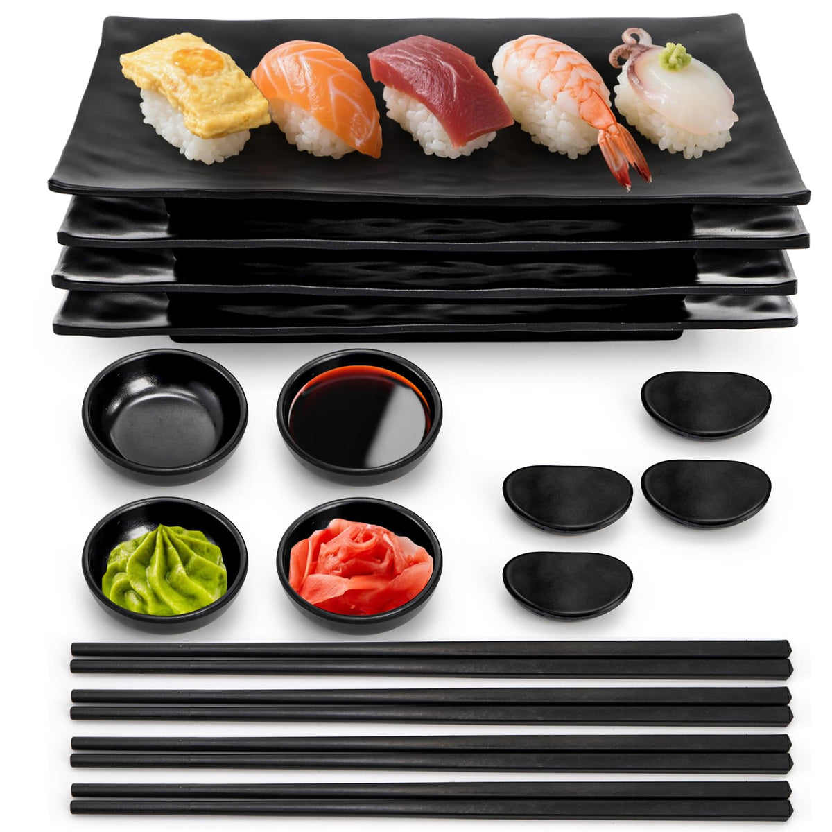 ELFULLY 16-piece sushi plate set displayed on a dining table for sharing meals.