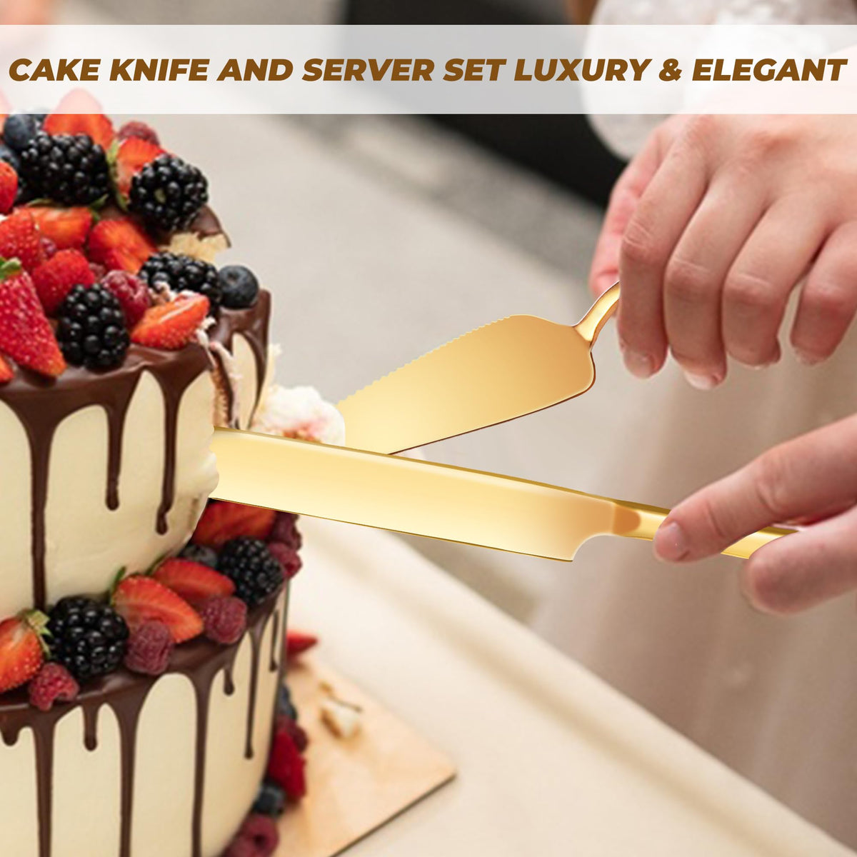 ELIMTEC gold cake knife included for clean slice and service