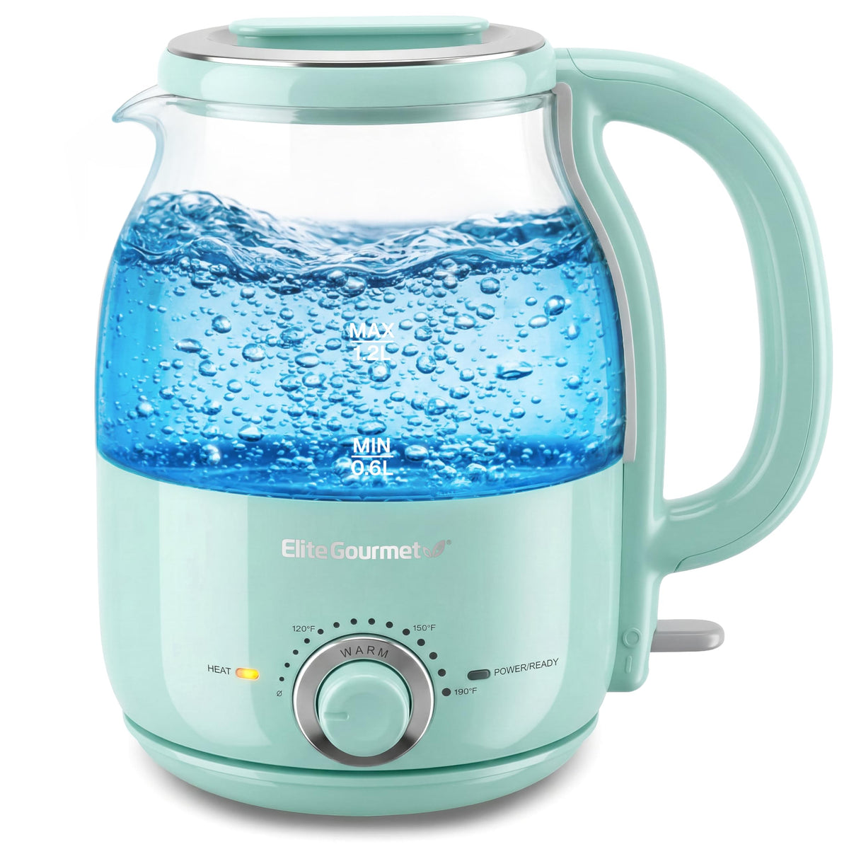 Elite Gourmet 1.2L electric glass kettle with clear glass ready to boil quickly.