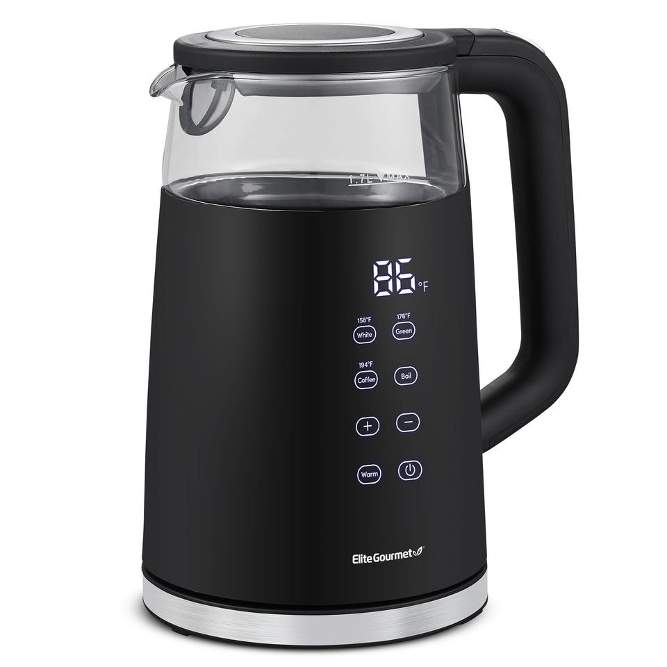 Elite Gourmet 1.7L glass-bodied kettle for clear visibility during tea brewing.