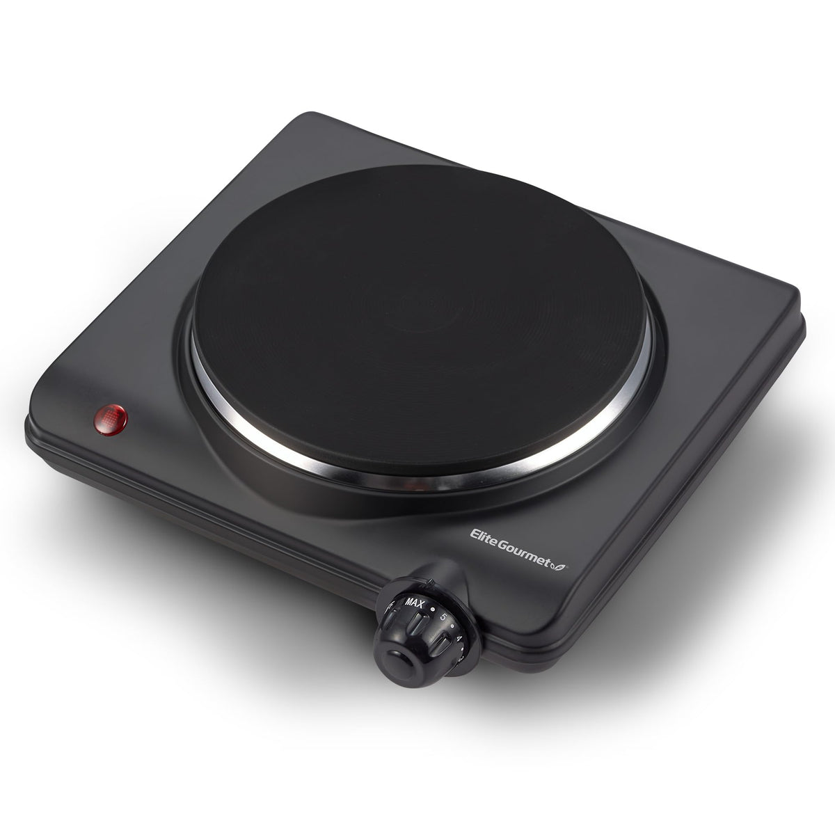 Elite Gourmet 1000W hot plate top view with cast iron plate for even heating.