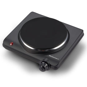 Elite Gourmet 1000W hot plate top view with cast iron plate for even heating.