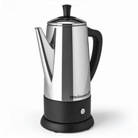 Elite Gourmet 12-Cup Percolator on base for cord-free, convenient serving