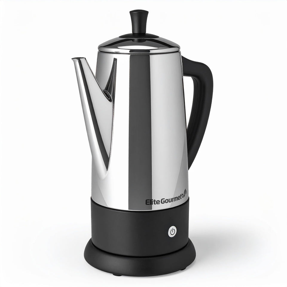 Elite Gourmet 12-Cup Percolator on base for cord-free, convenient serving
