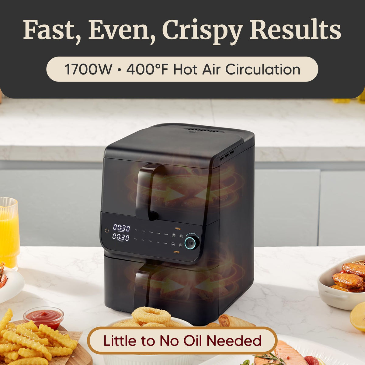 Elite Gourmet 1700W hot air circulation for fast, crisp results.