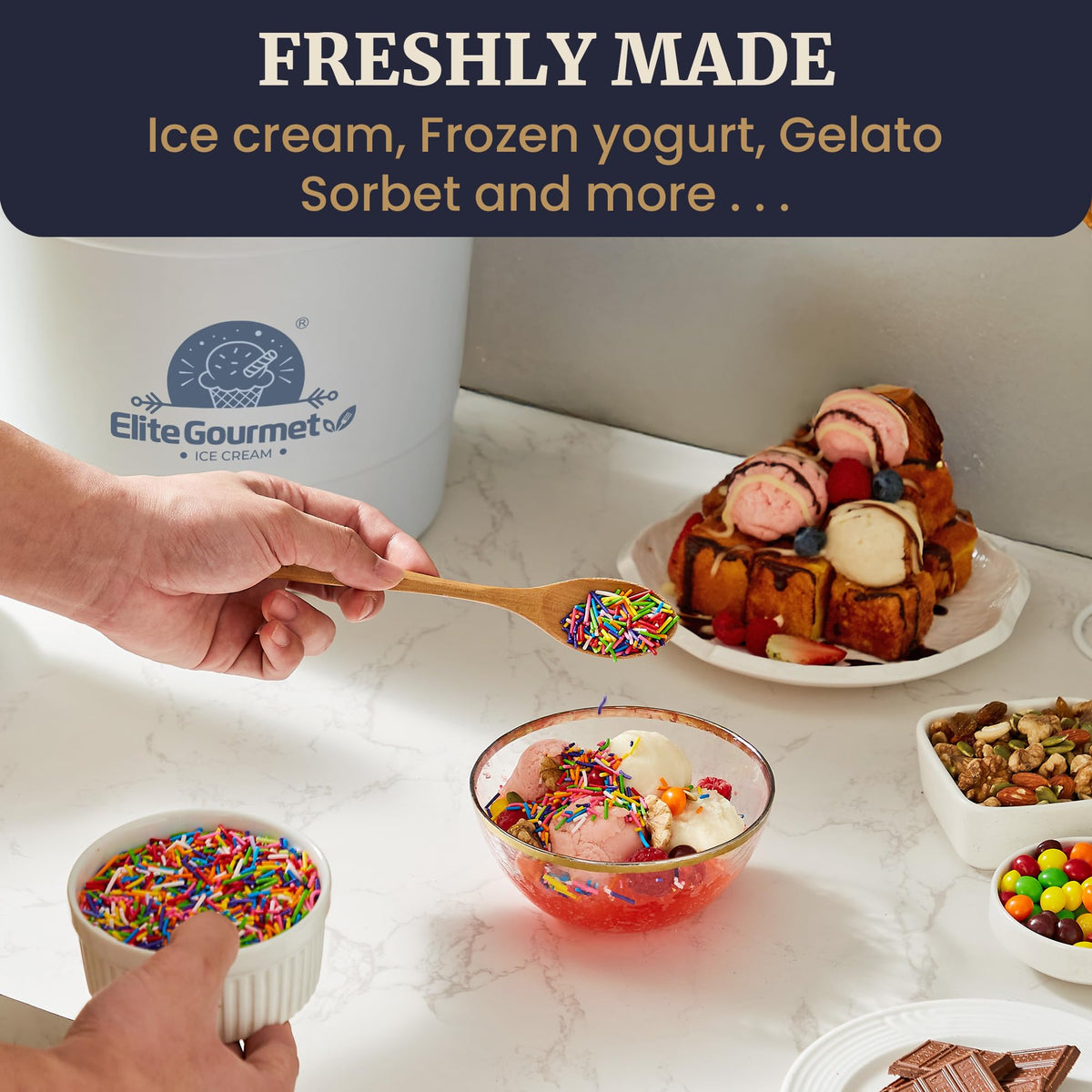 Elite Gourmet 50W motor delivers smooth, quick freezing results.