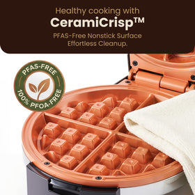 Elite Gourmet CeramiCrisp Belgian Waffle Maker with adjustable browning control delivers customizable texture.