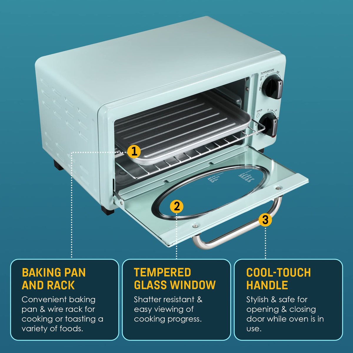 60-minute timer on the Americana toaster oven helps manage snacks and meals