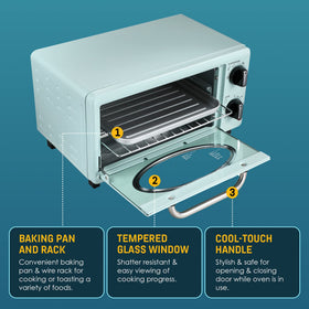 60-minute timer on the Americana toaster oven helps manage snacks and meals