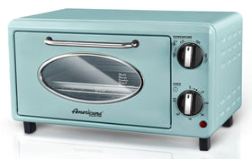 Elite Gourmet Americana mint toaster oven front view for quick breakfasts on the counter